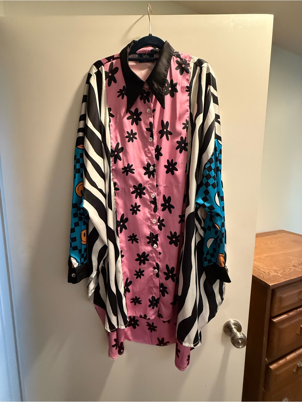 Matching Set - Block Floral & Zebra Button-Up Shirt - Pink, Black, White, Teal
